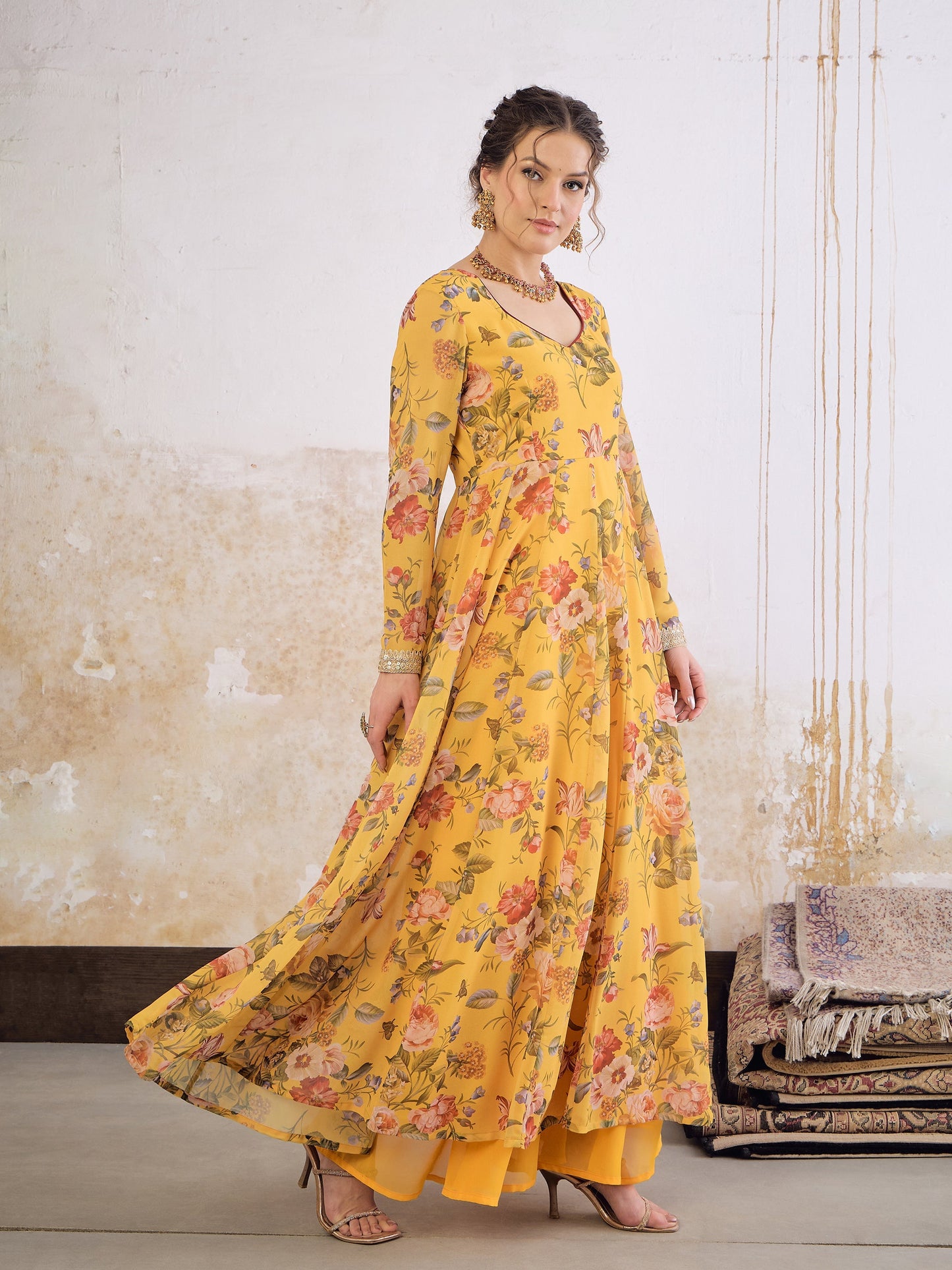 Yellow Floral Sweetheart Neck Anarkali Kurta -Shae by SASSAFRAS