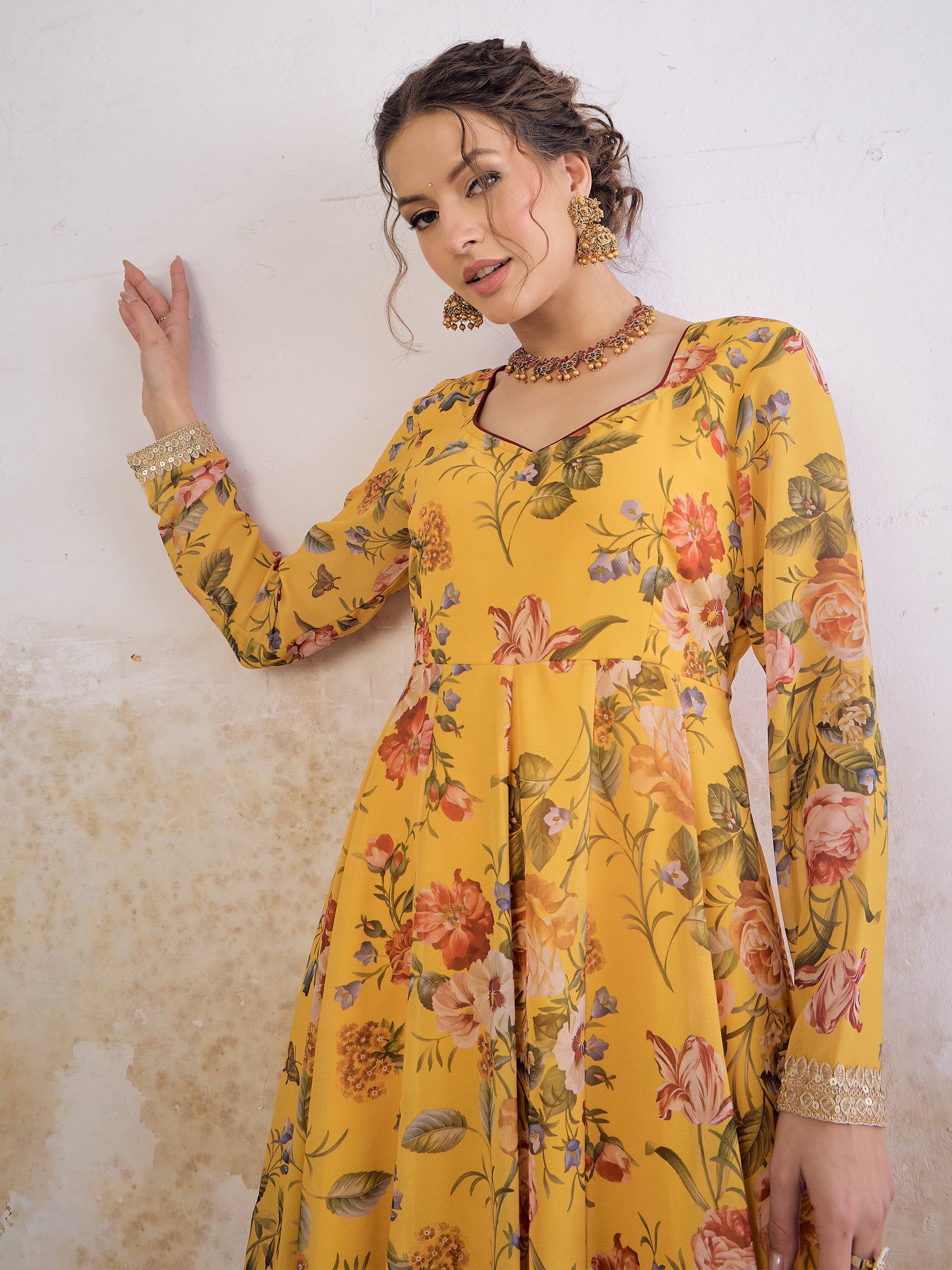 Yellow Floral Sweetheart Neck Anarkali Kurta -Shae by SASSAFRAS