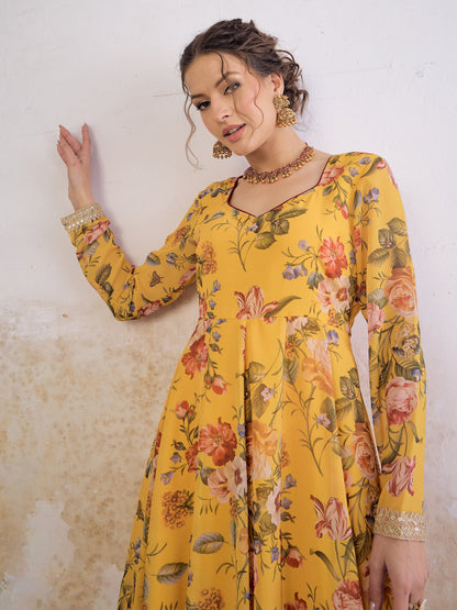 Yellow Floral Sweetheart Neck Anarkali Kurta -Shae by SASSAFRAS
