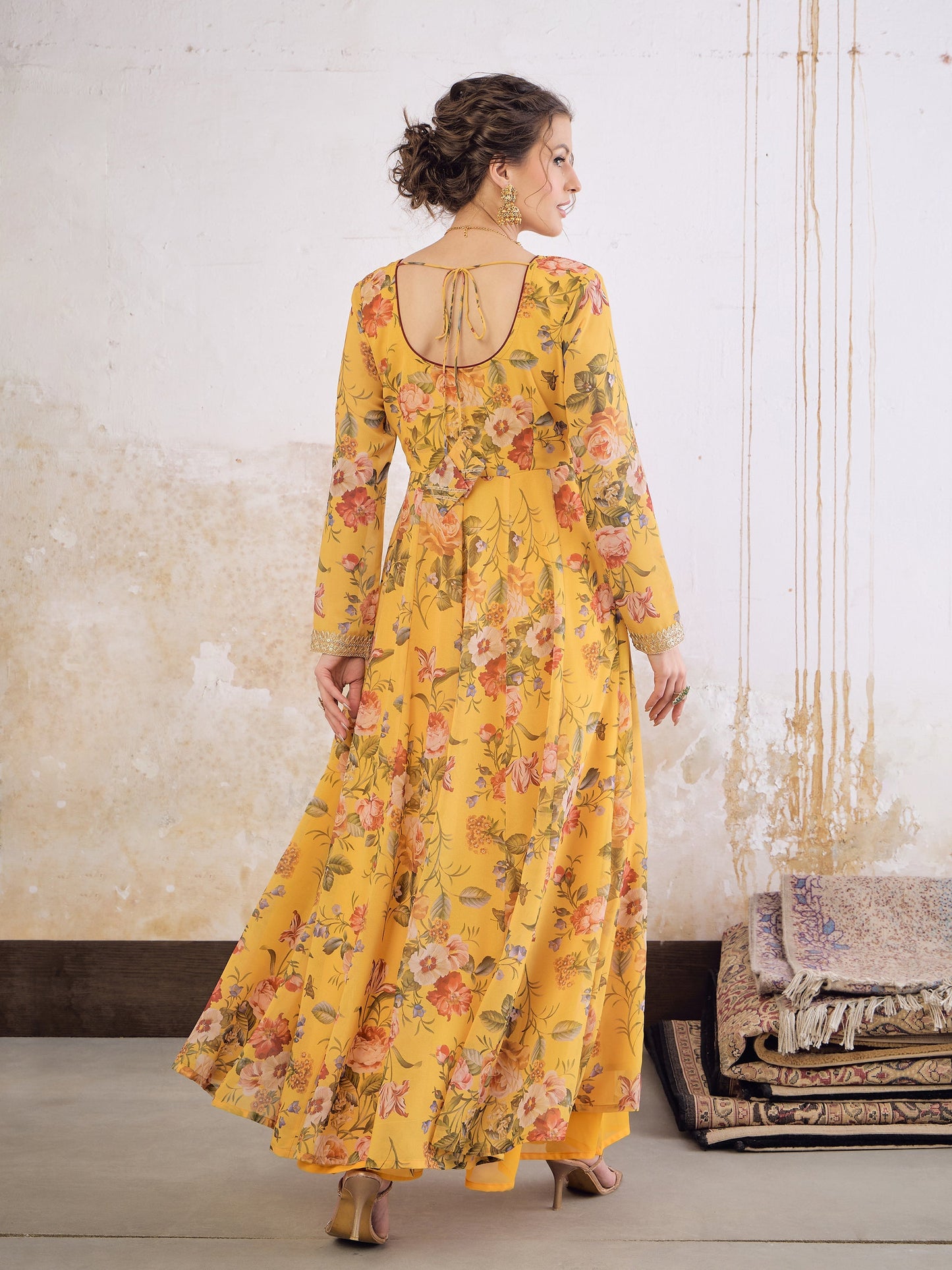 Yellow Floral Sweetheart Neck Anarkali Kurta -Shae by SASSAFRAS