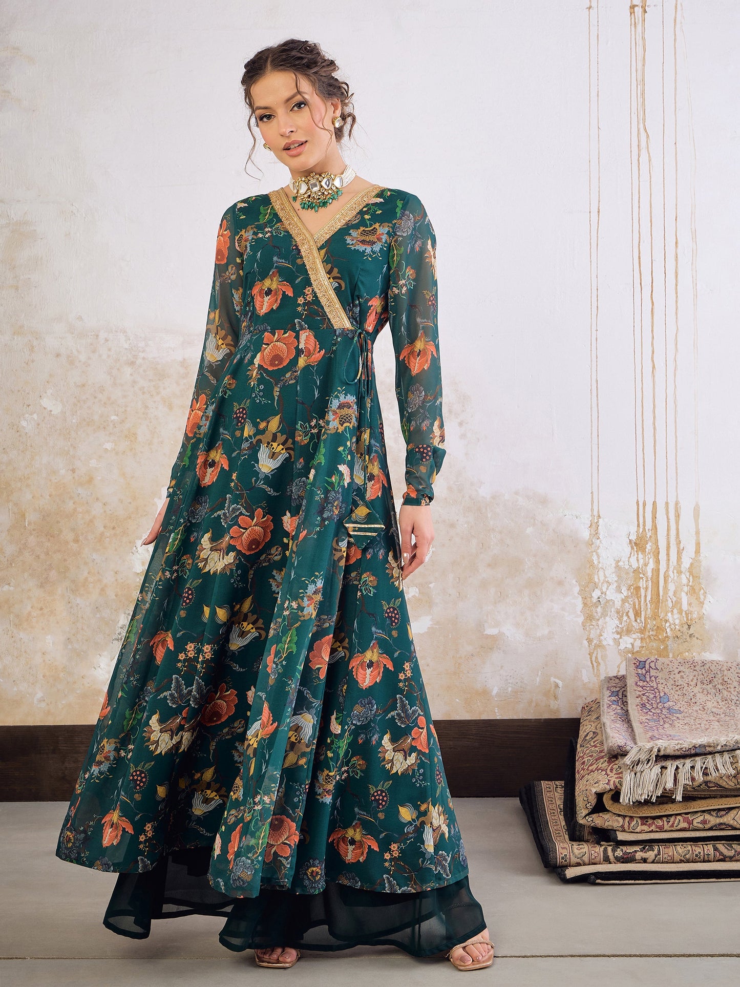Green Floral Wrap Anarkali Kurta -Shae by SASSAFRAS