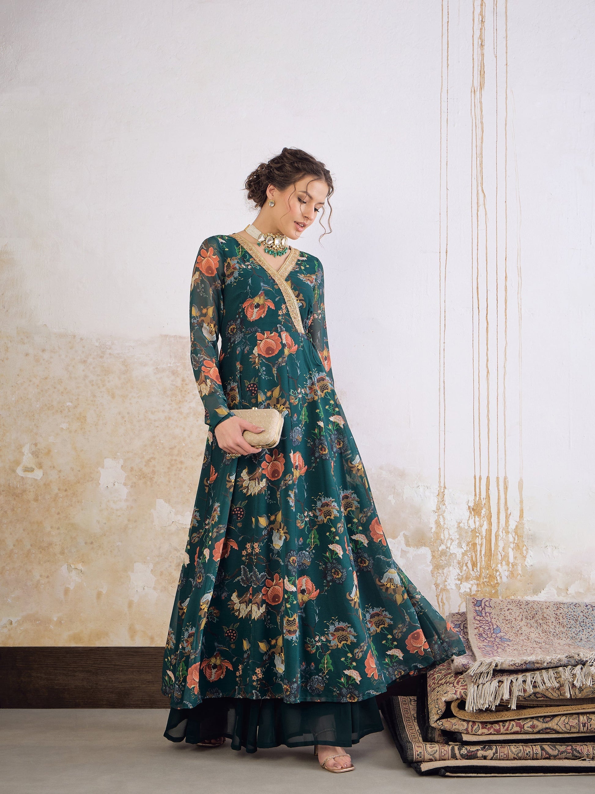 Green Floral Wrap Anarkali Kurta -Shae by SASSAFRAS