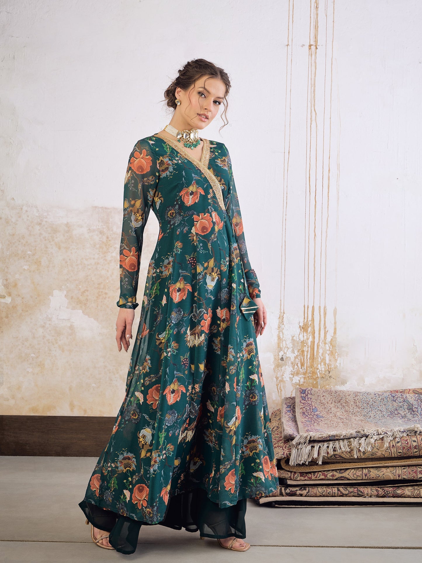 Green Floral Wrap Anarkali Kurta -Shae by SASSAFRAS