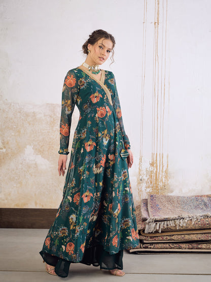 Green Floral Wrap Anarkali Kurta -Shae by SASSAFRAS