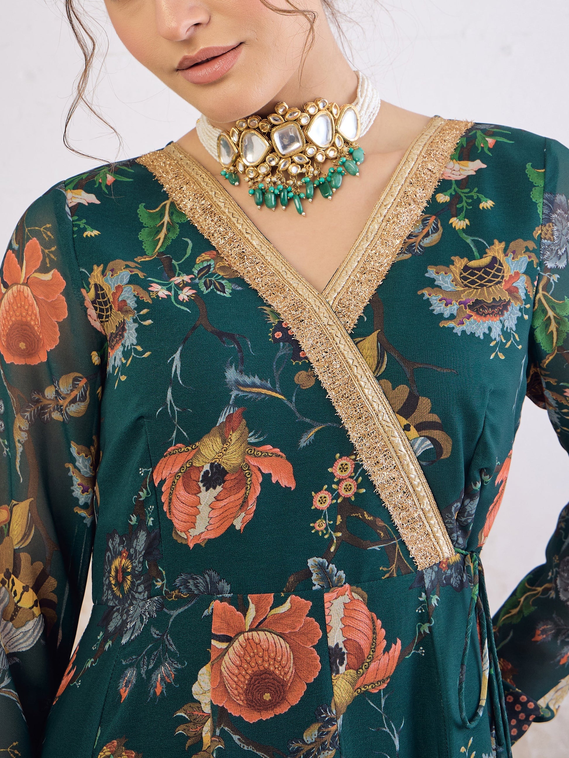 Green Floral Wrap Anarkali Kurta -Shae by SASSAFRAS