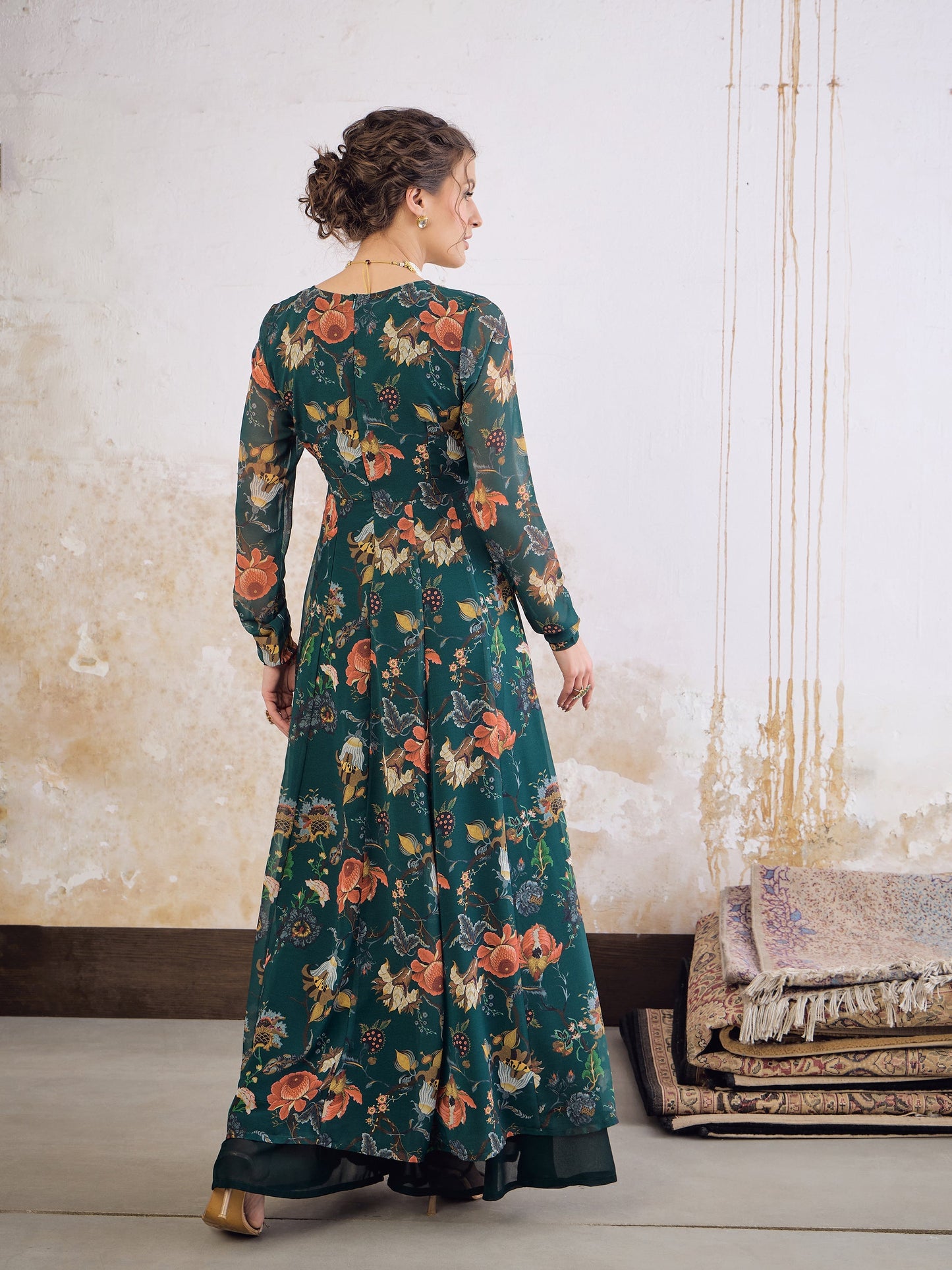 Green Floral Wrap Anarkali Kurta -Shae by SASSAFRAS