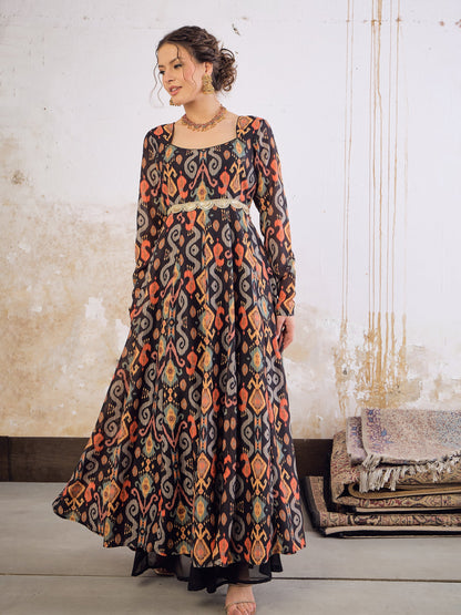 Black Ikkat Poly Muslin Anarkali Kurta -Shae by SASSAFRAS