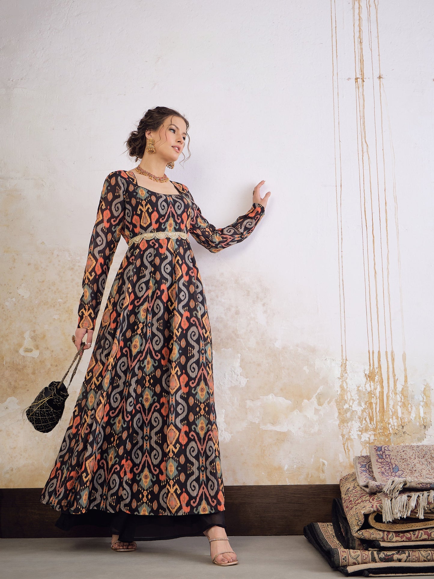 Black Ikkat Poly Muslin Anarkali Kurta -Shae by SASSAFRAS