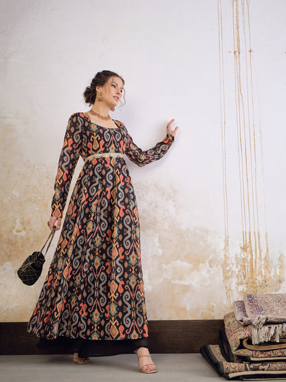 Black Ikkat Poly Muslin Anarkali Kurta -Shae by SASSAFRAS