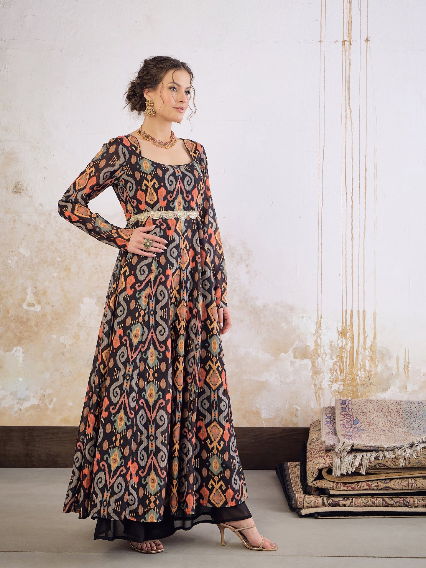 Black Ikkat Poly Muslin Anarkali Kurta -Shae by SASSAFRAS