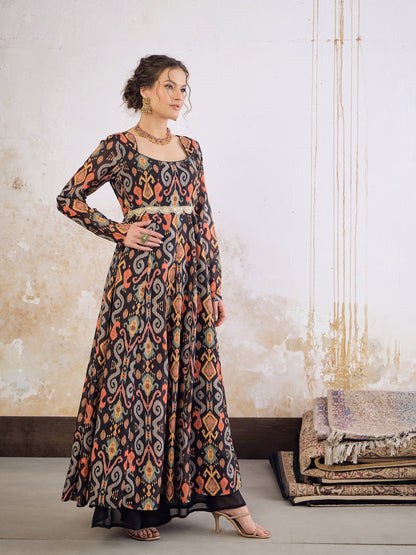 Black Ikkat Poly Muslin Anarkali Kurta -Shae by SASSAFRAS