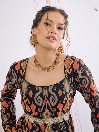 Black Ikkat Poly Muslin Anarkali Kurta -Shae by SASSAFRAS