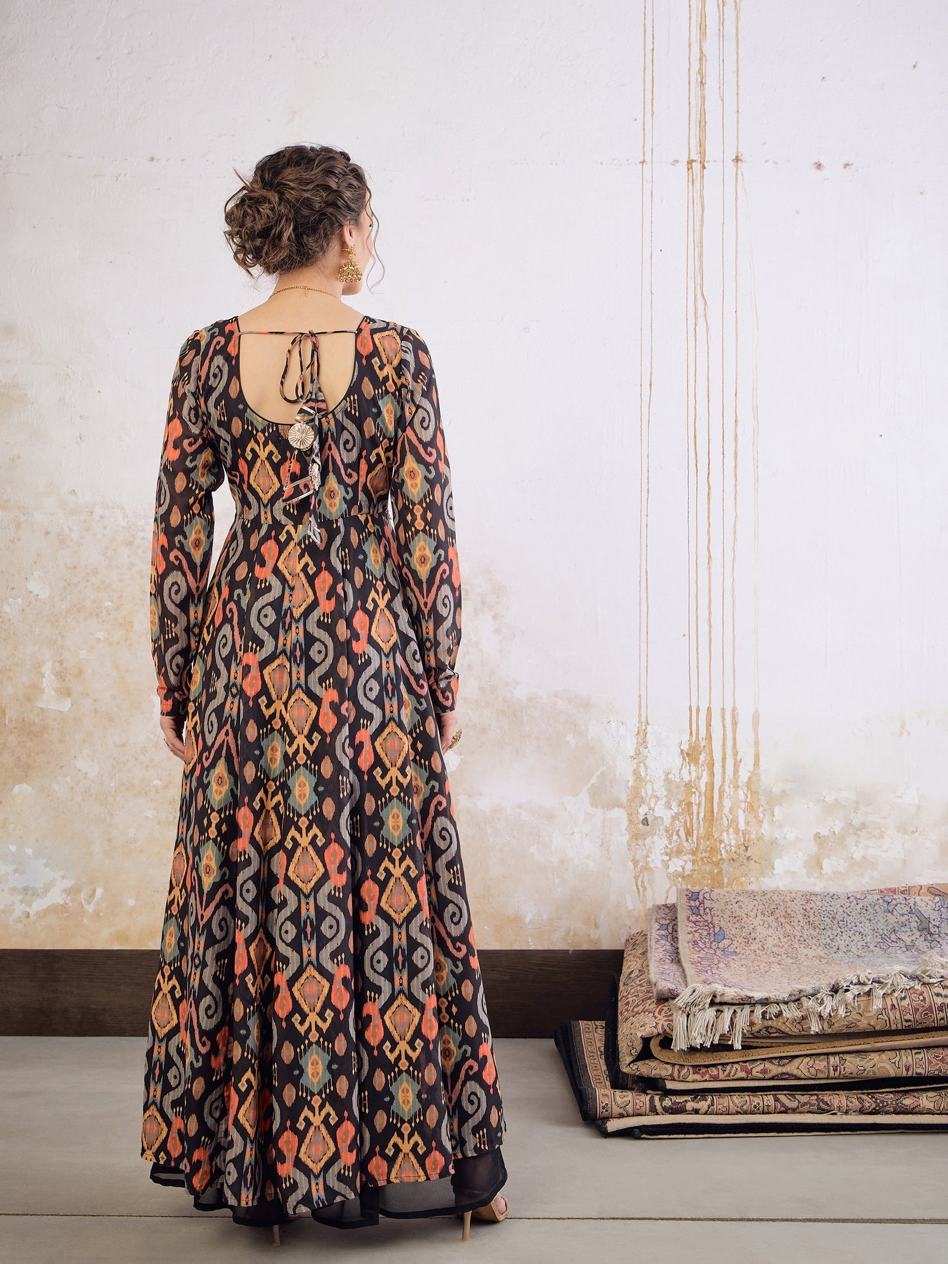 Black Ikkat Poly Muslin Anarkali Kurta -Shae by SASSAFRAS