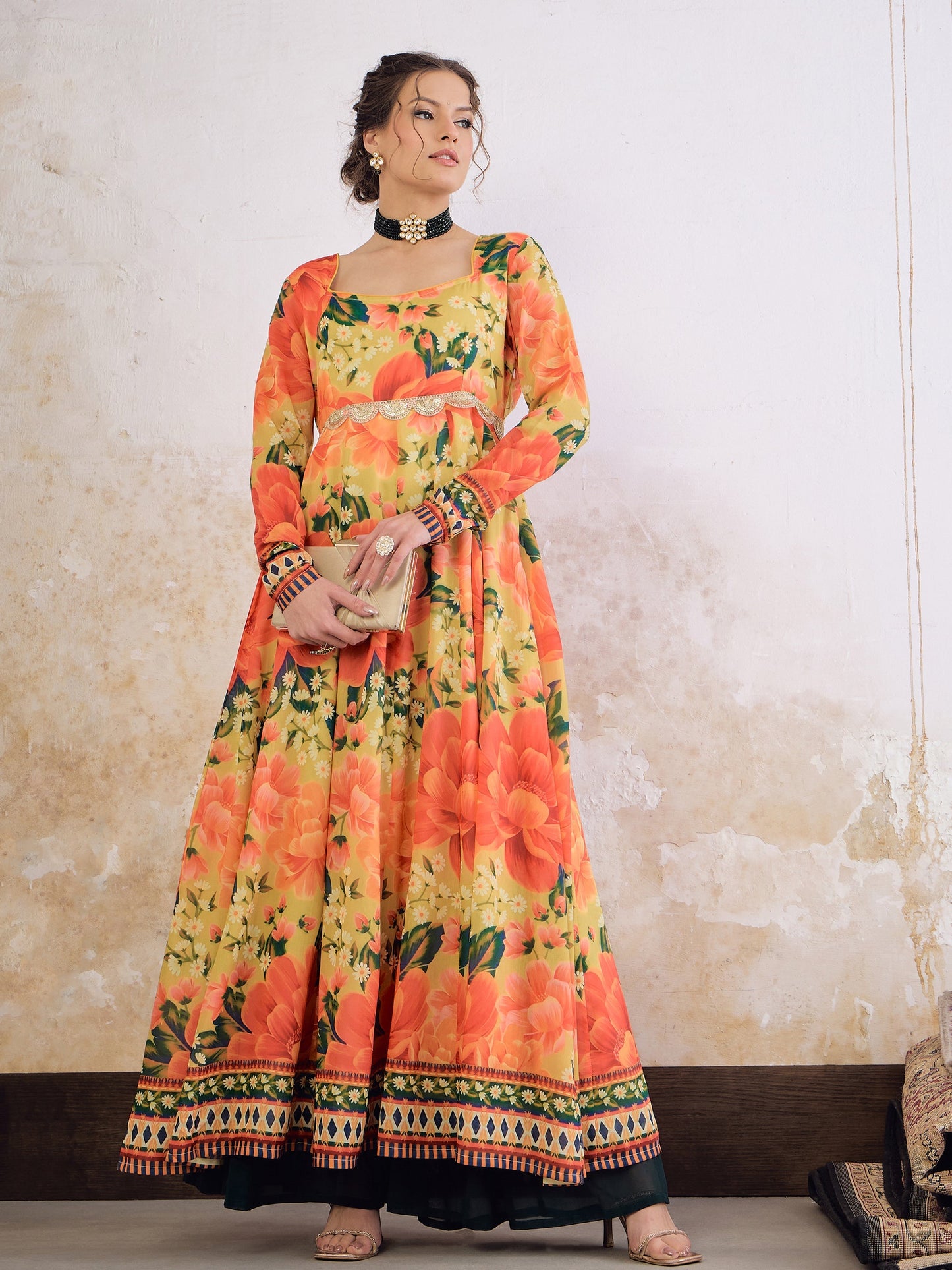 Yellow Floral Poly Muslin Anarkali Kurta -Shae by SASSAFRAS