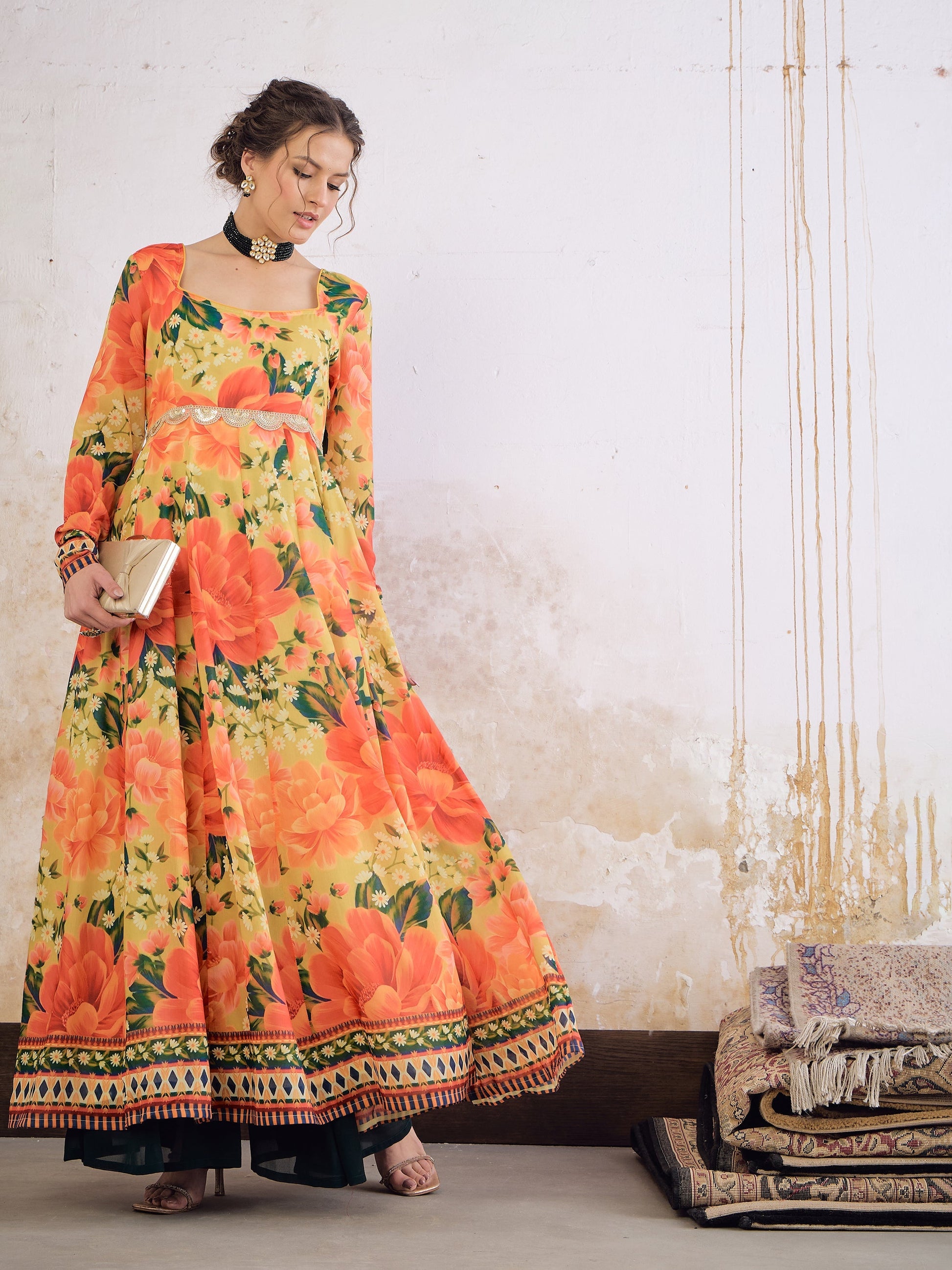 Yellow Floral Poly Muslin Anarkali Kurta -Shae by SASSAFRAS