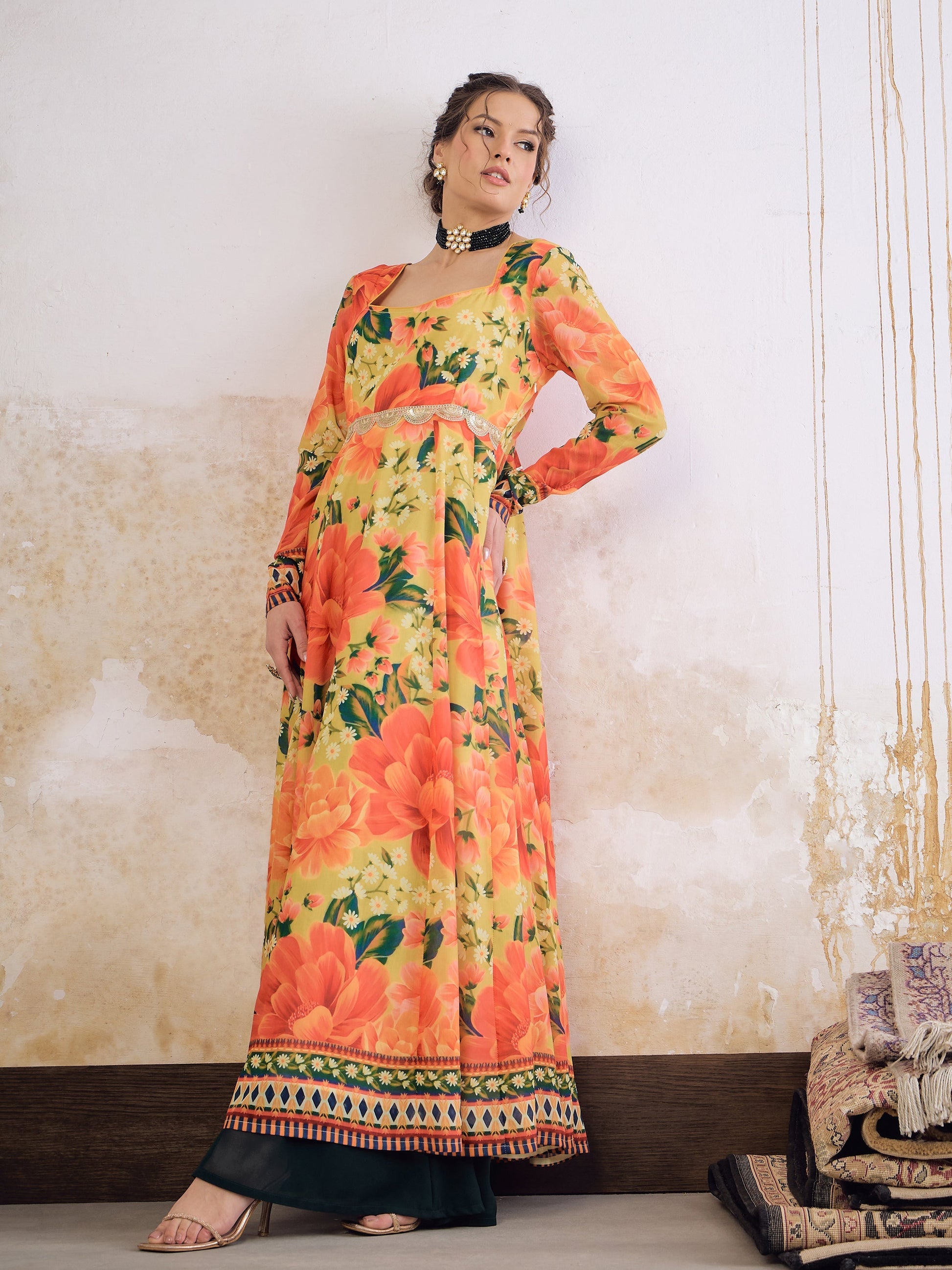 Yellow Floral Poly Muslin Anarkali Kurta -Shae by SASSAFRAS