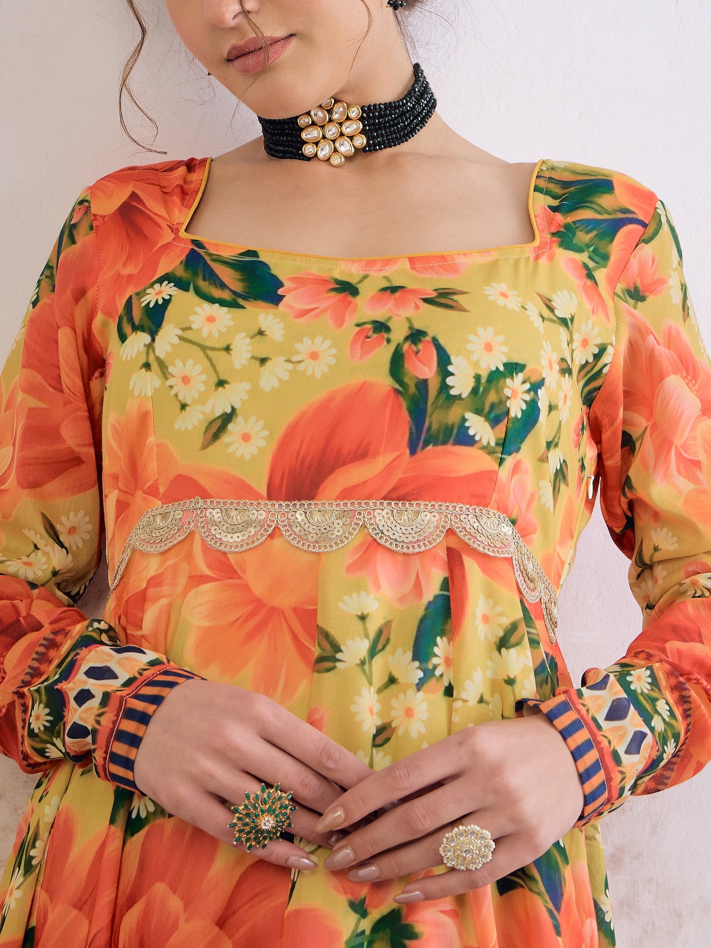 Yellow Floral Poly Muslin Anarkali Kurta -Shae by SASSAFRAS