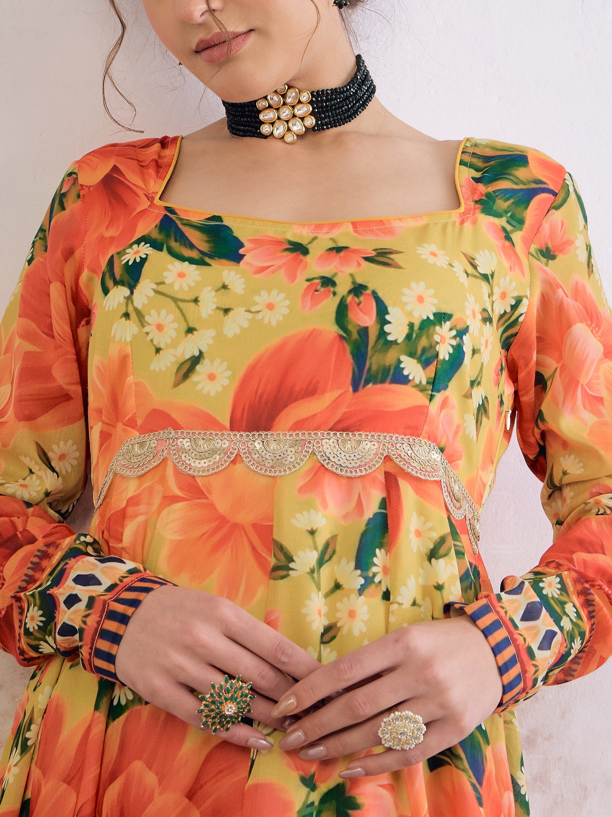 Yellow Floral Poly Muslin Anarkali Kurta -Shae by SASSAFRAS