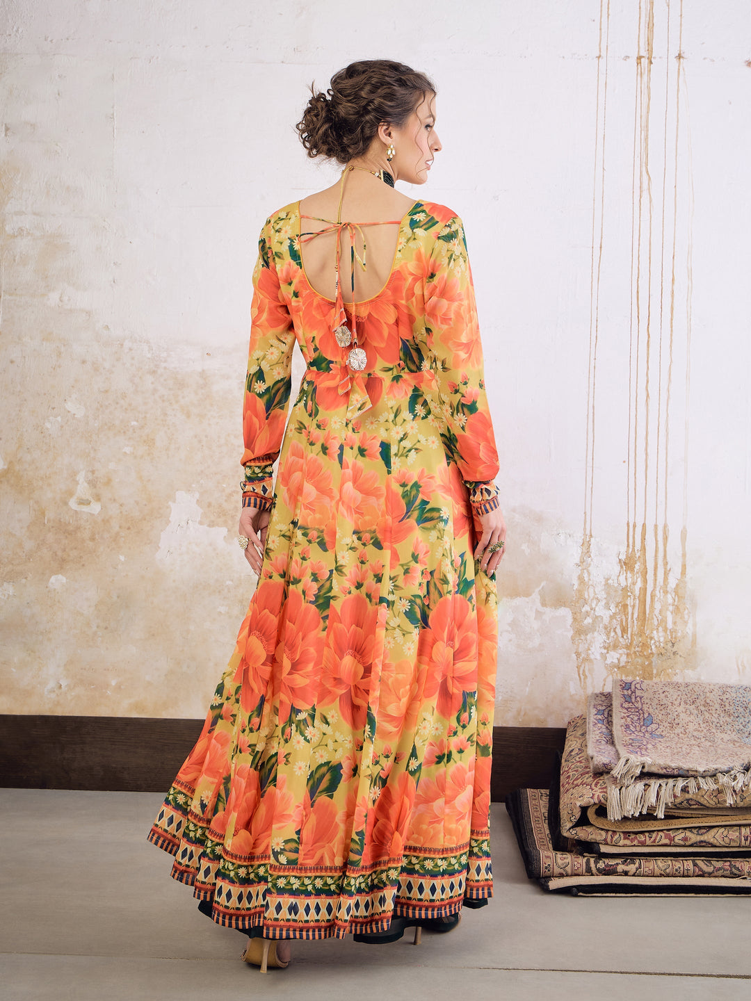 Yellow Floral Poly Muslin Anarkali Kurta -Shae by SASSAFRAS