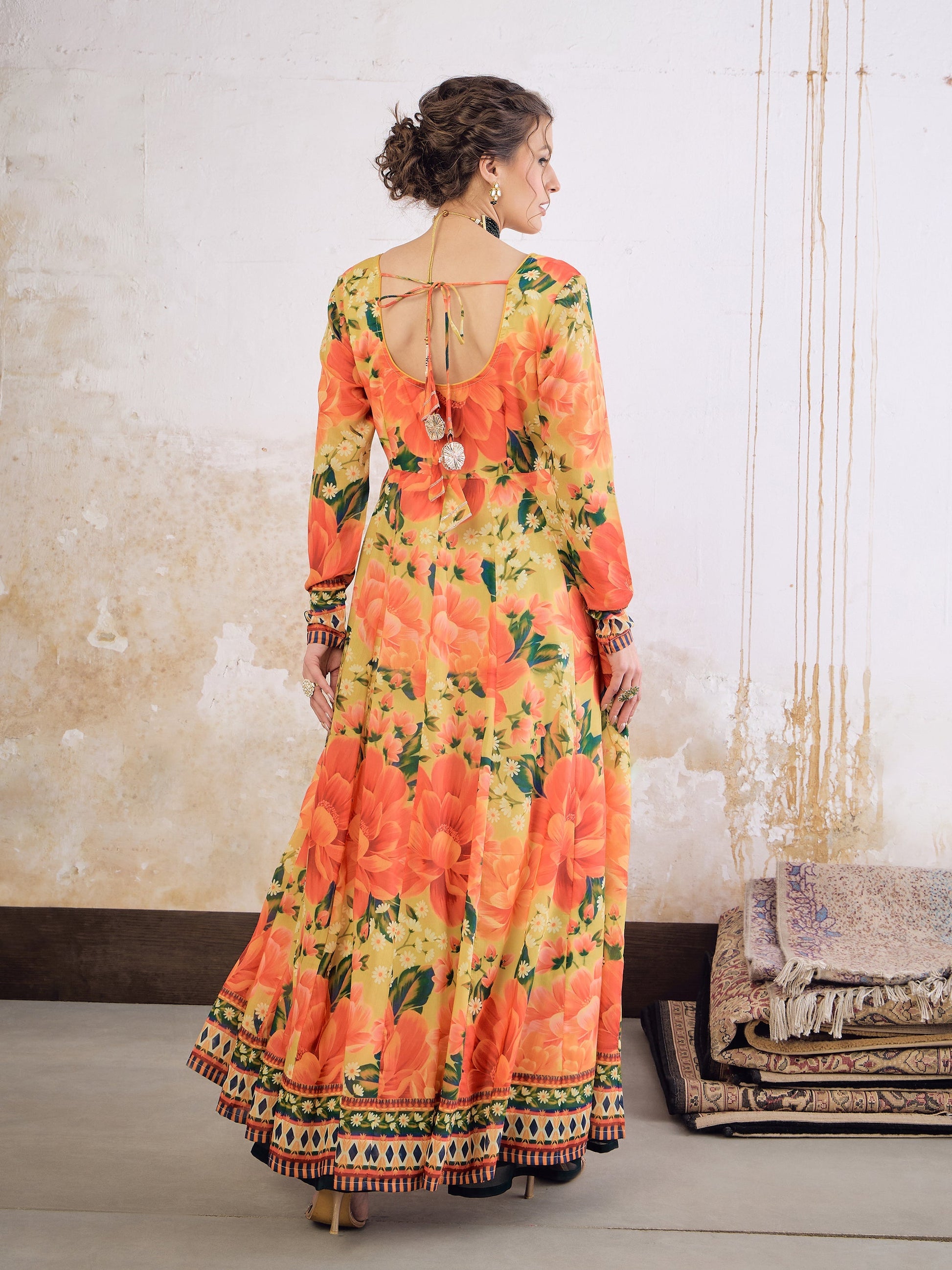 Yellow Floral Poly Muslin Anarkali Kurta -Shae by SASSAFRAS