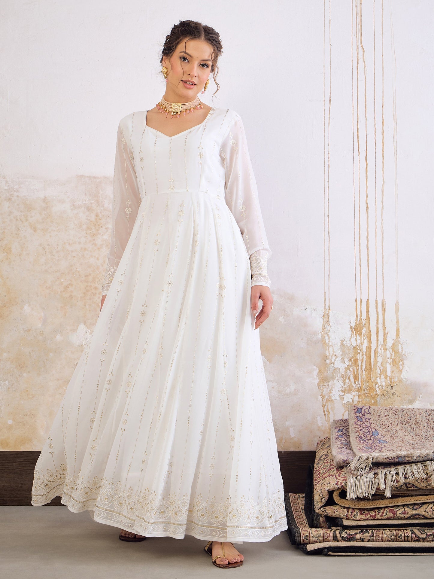 Women's Women White Sequence Sweetheart Neck Anarkali Kurta in Butter Crepe by Shae for wholesale, bulk, supplier, manufacturer and wholesaler buyers from Trendphoria