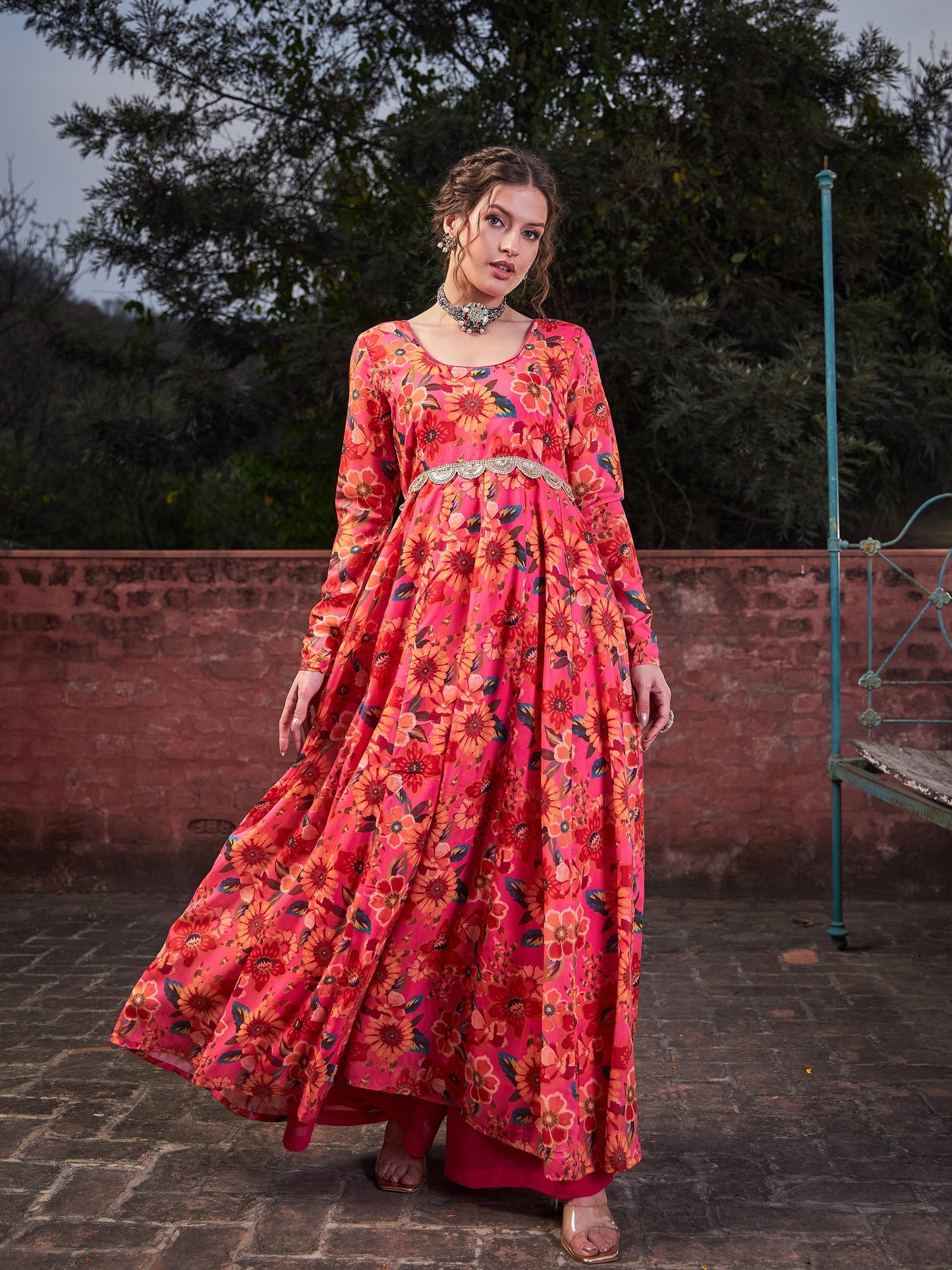 Pink Floral Poly Muslin Anrkali Kurta-Shae by SASSAFRAS