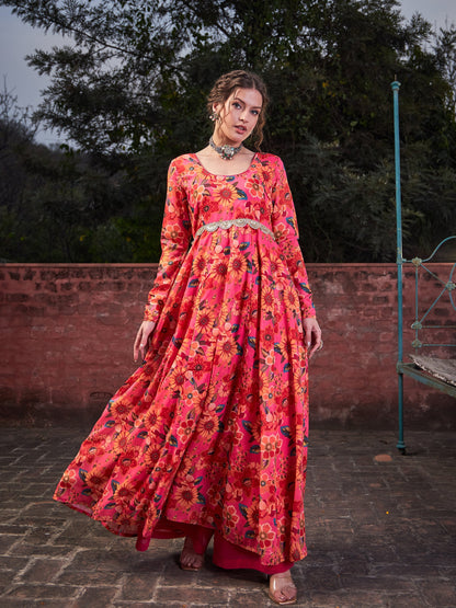 Pink Floral Poly Muslin Anrkali Kurta-Shae by SASSAFRAS