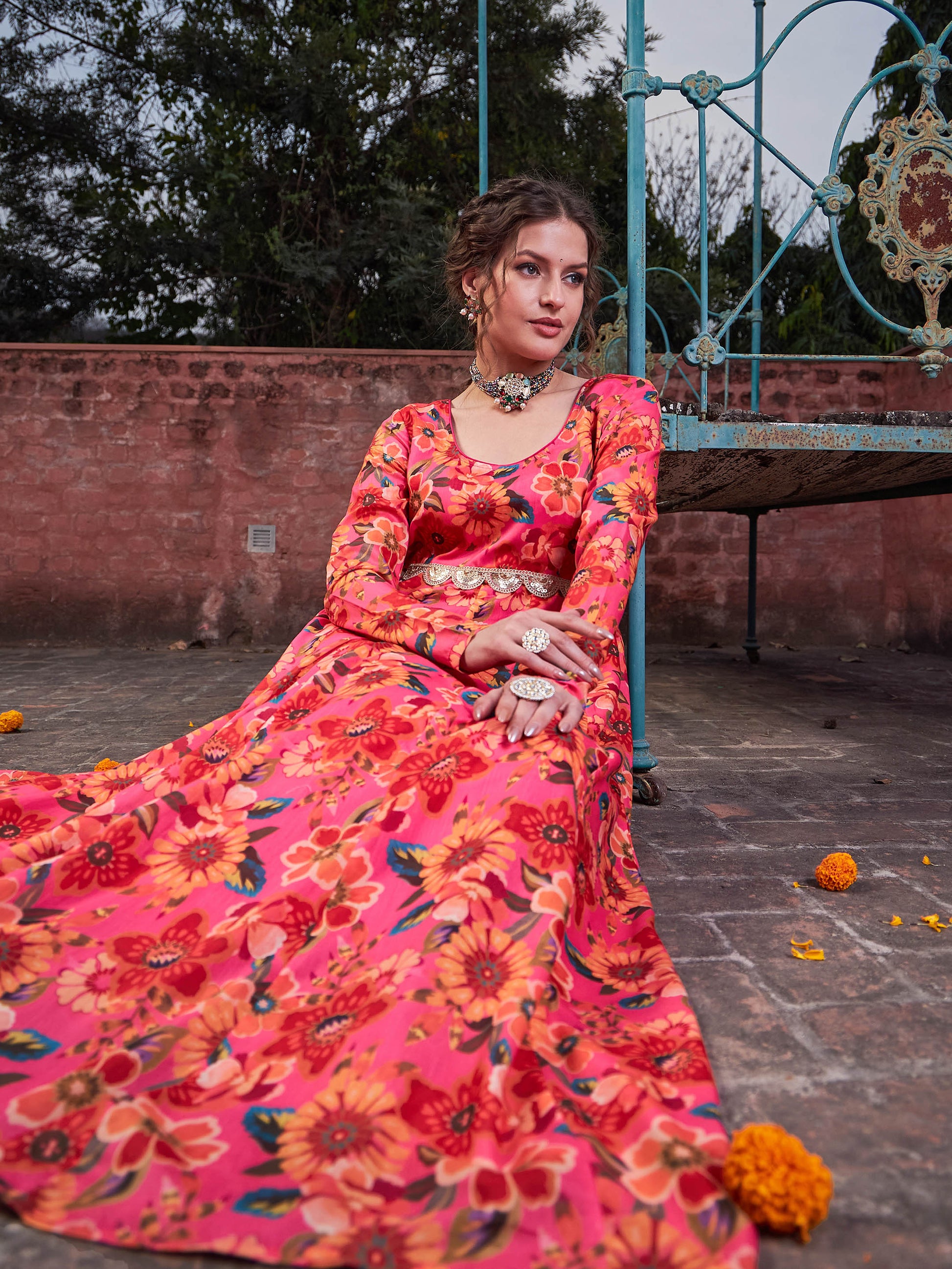Pink Floral Poly Muslin Anrkali Kurta-Shae by SASSAFRAS