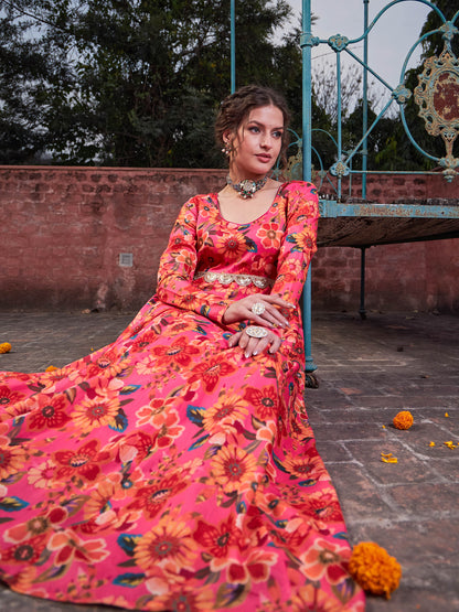 Pink Floral Poly Muslin Anrkali Kurta-Shae by SASSAFRAS