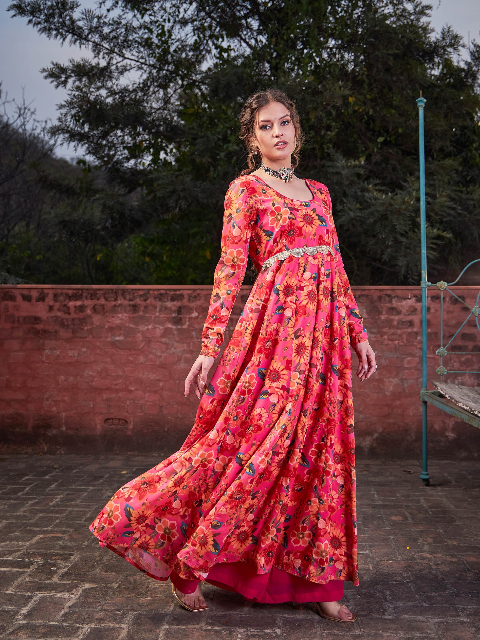 Pink Floral Poly Muslin Anrkali Kurta-Shae by SASSAFRAS