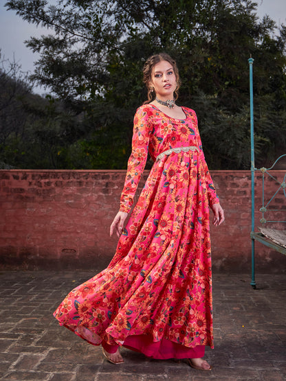 Pink Floral Poly Muslin Anrkali Kurta-Shae by SASSAFRAS