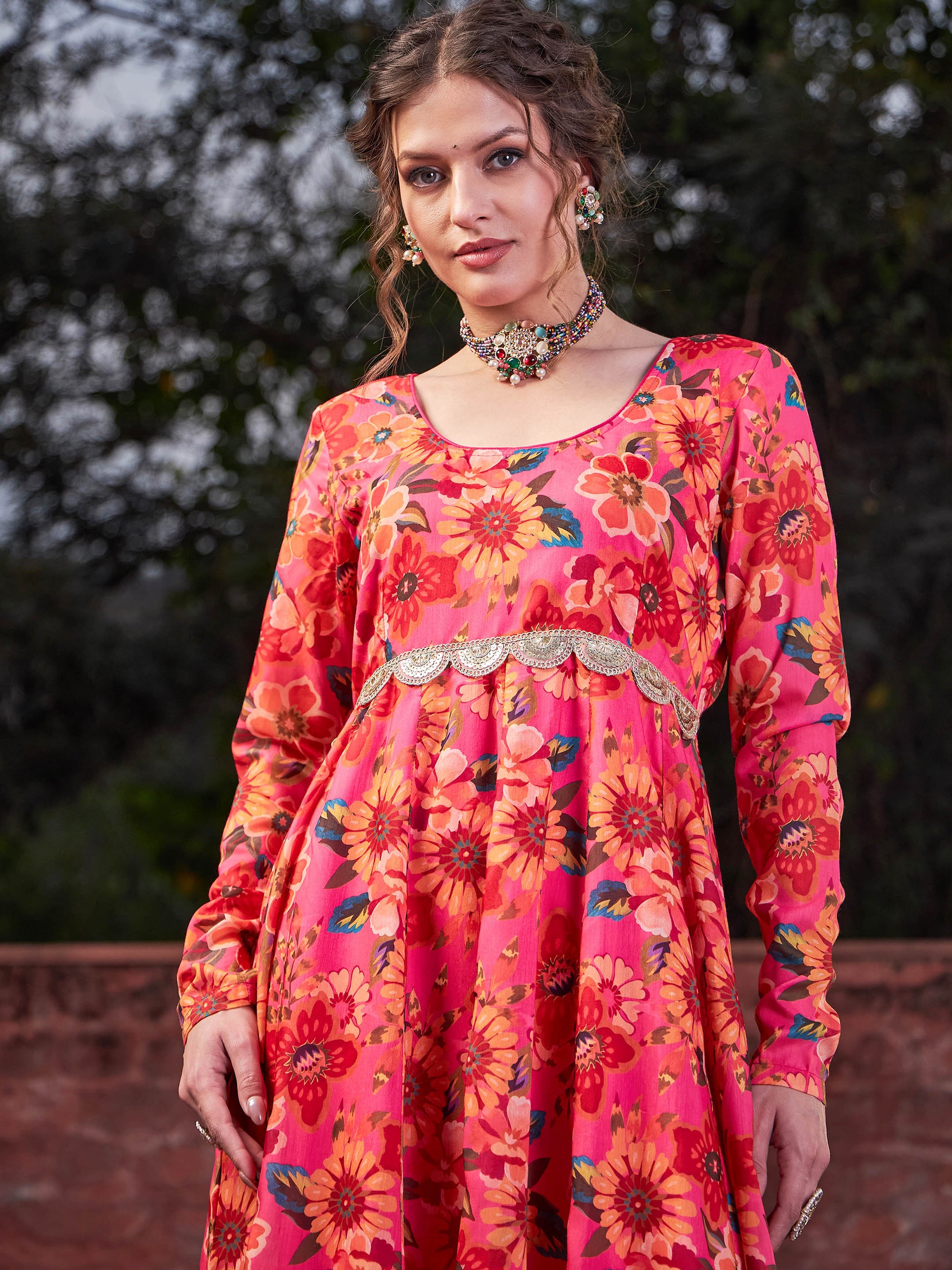 Pink Floral Poly Muslin Anrkali Kurta-Shae by SASSAFRAS