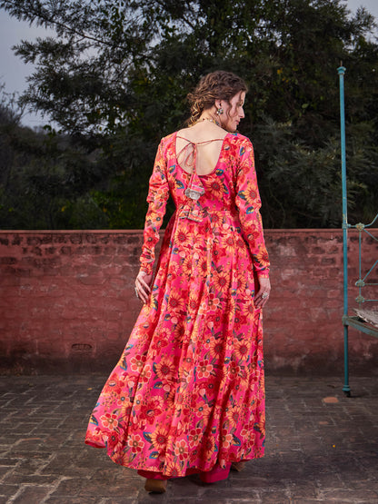 Pink Floral Poly Muslin Anrkali Kurta-Shae by SASSAFRAS