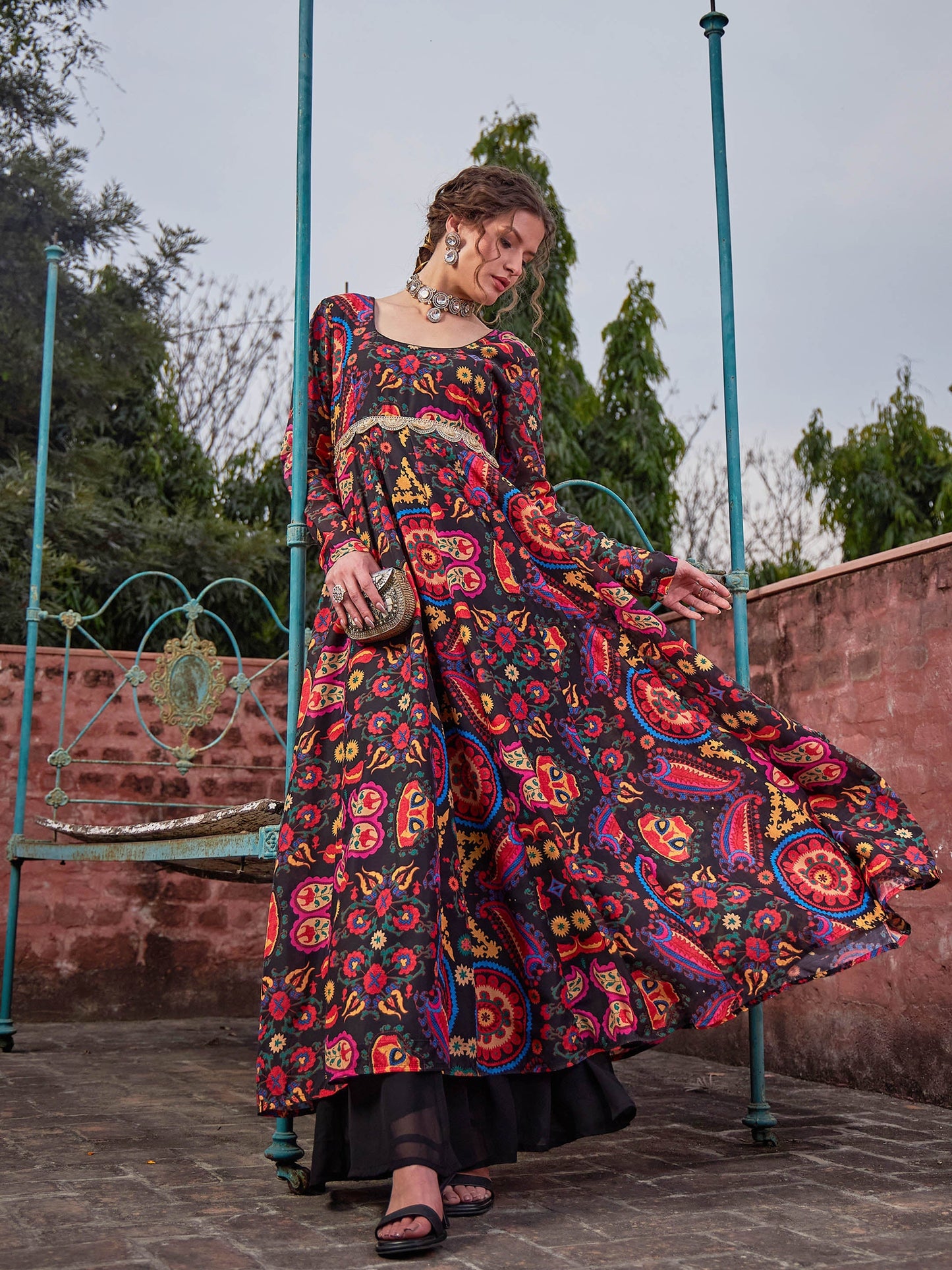 Black Floral Poly Muslin Anarkali Kurta-Shae by SASSAFRAS