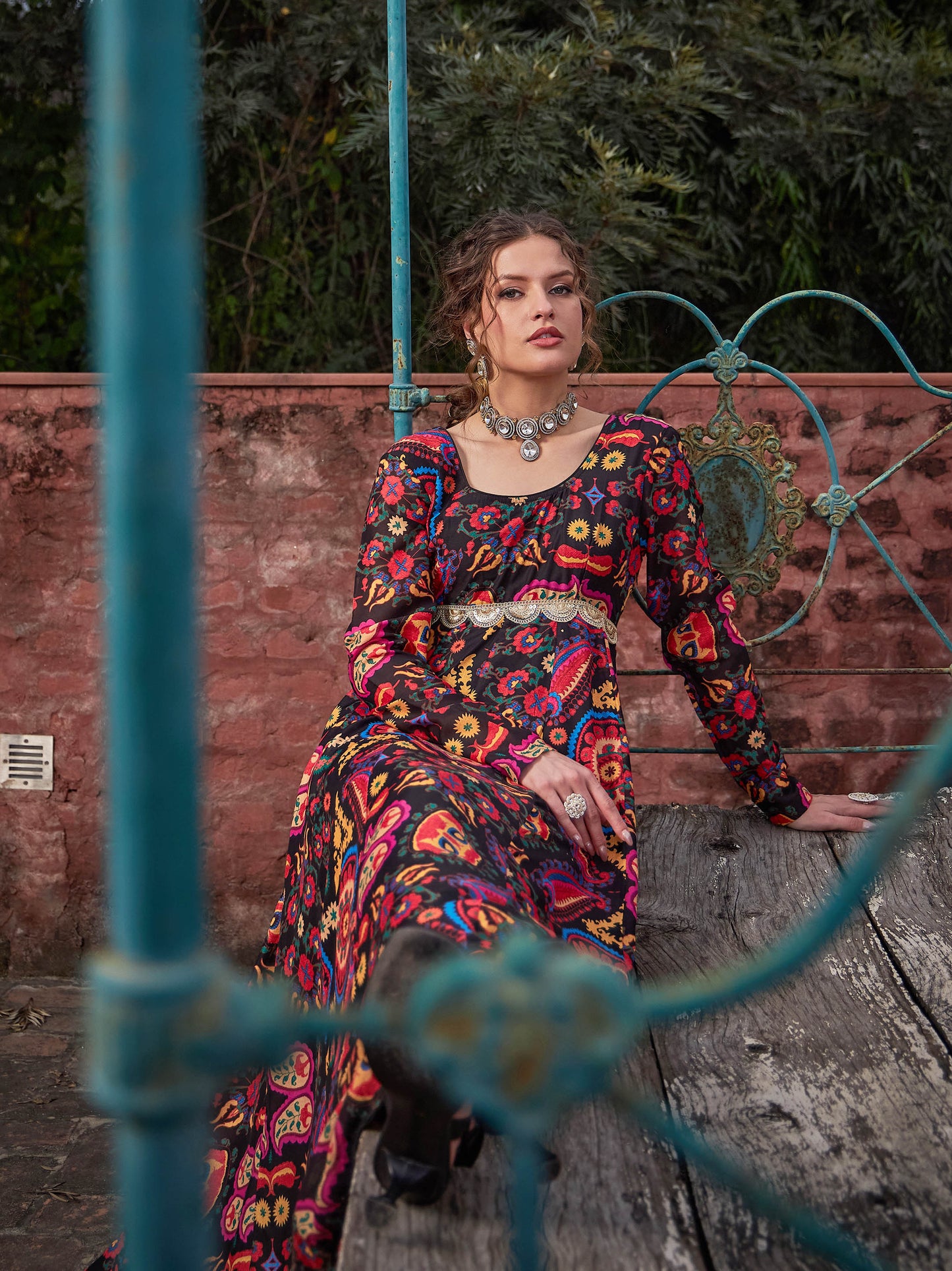 Black Floral Poly Muslin Anarkali Kurta-Shae by SASSAFRAS