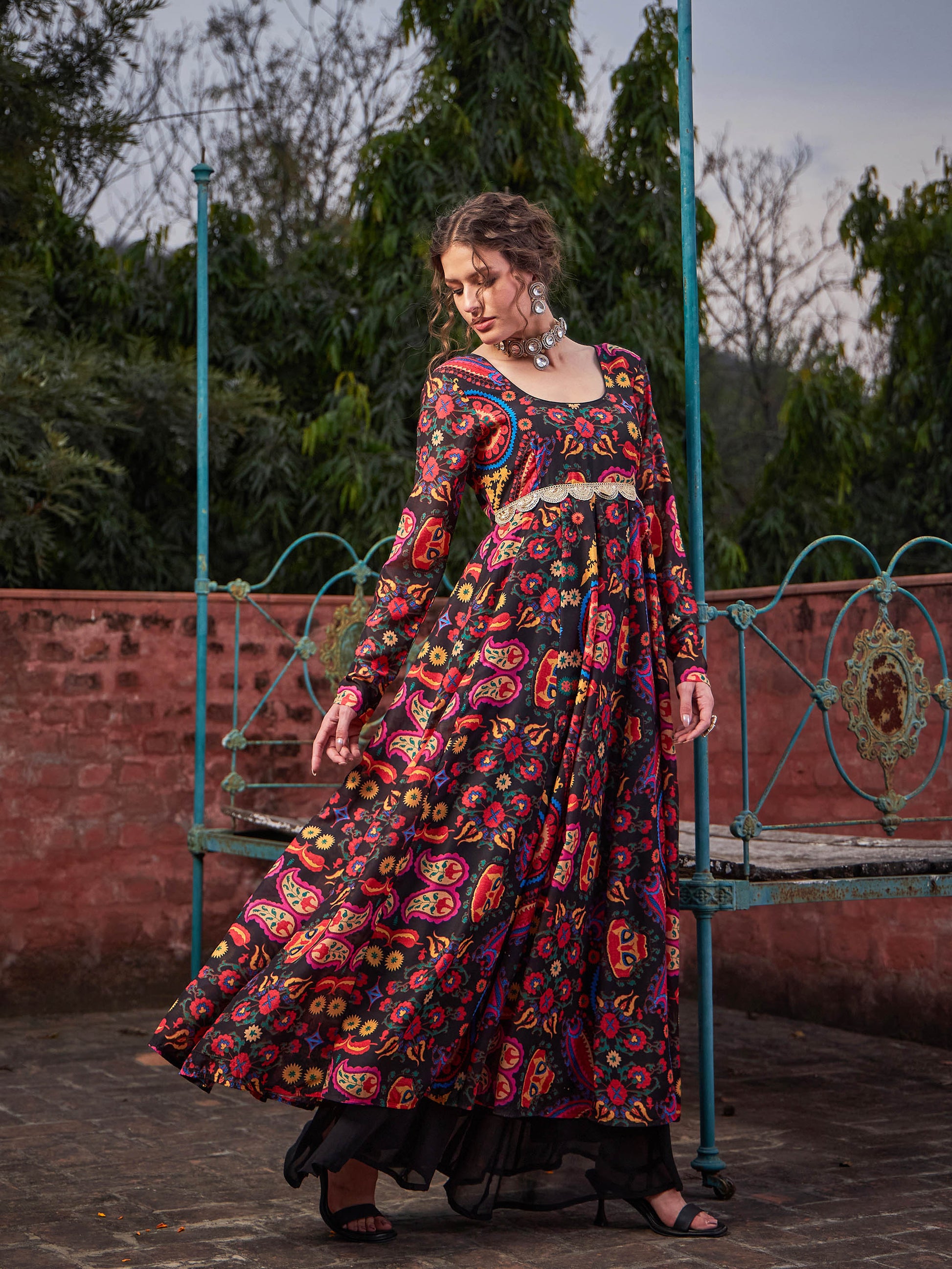 Black Floral Poly Muslin Anarkali Kurta-Shae by SASSAFRAS