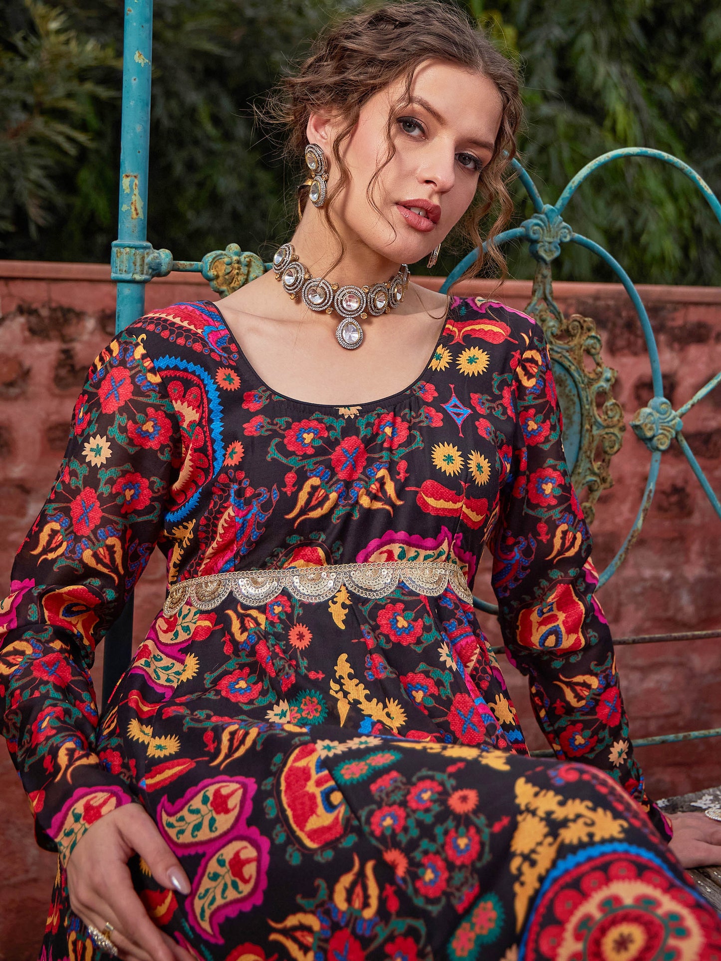 Black Floral Poly Muslin Anarkali Kurta-Shae by SASSAFRAS