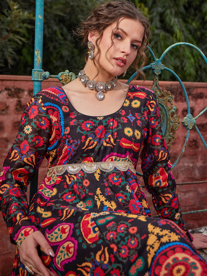 Black Floral Poly Muslin Anarkali Kurta-Shae by SASSAFRAS