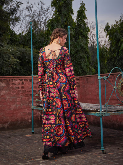 Black Floral Poly Muslin Anarkali Kurta-Shae by SASSAFRAS