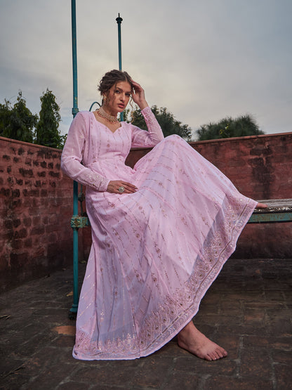 Women's Women Pastel Pink Sweetheart Neck Anarkali Kurta in Butter Crepe by Shae for wholesale, bulk, supplier, manufacturer and wholesaler buyers from Trendphoria