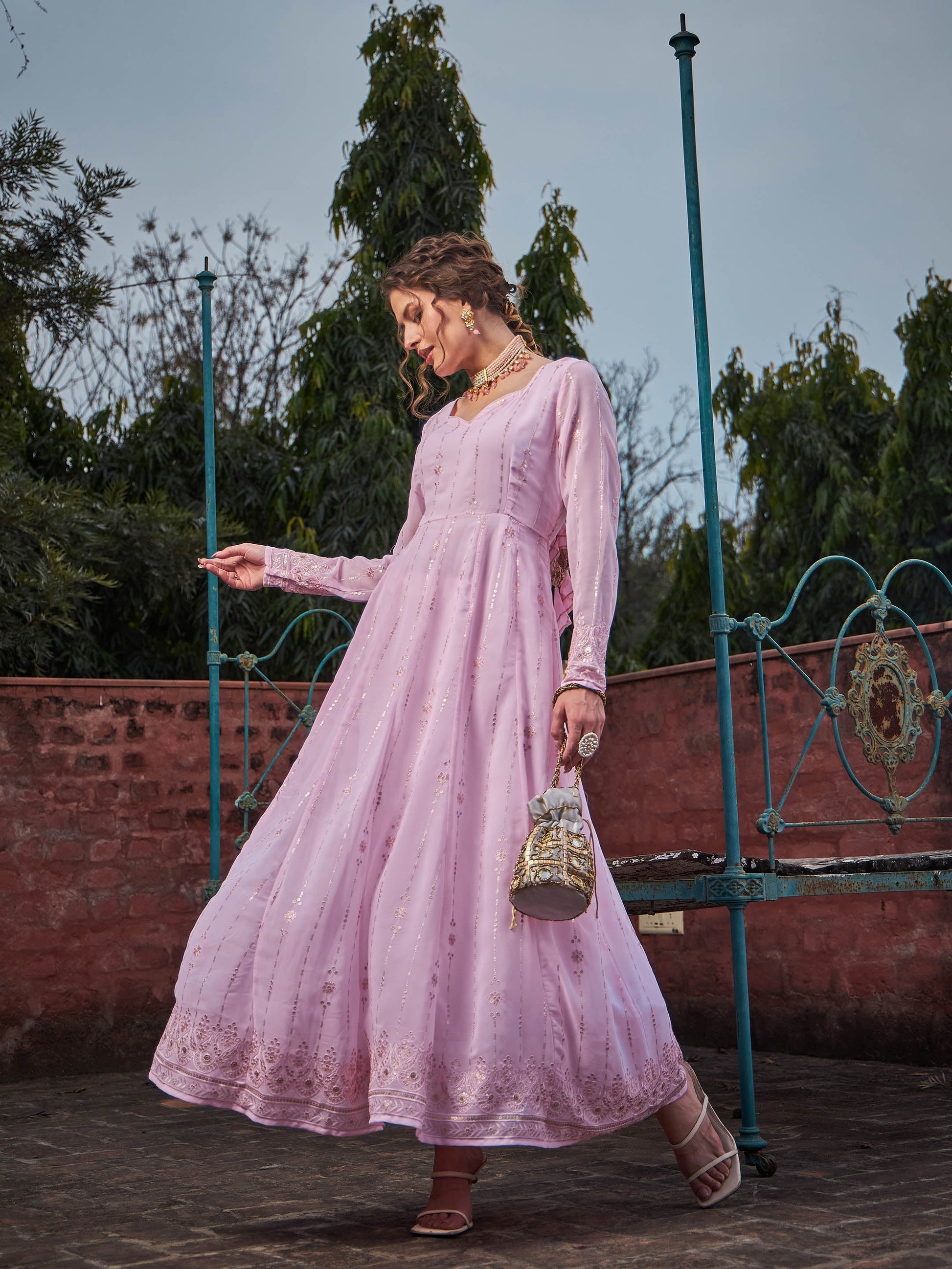Pastel Pink Sweetheart Neck Anarkali Kurta -Shae by SASSAFRAS