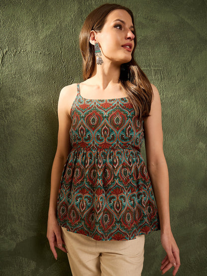 Green Floral Strappy Peplum Kurti