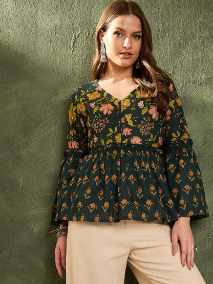 Dark Green Floral V Neck Frill Sleeve Peplum Kurti