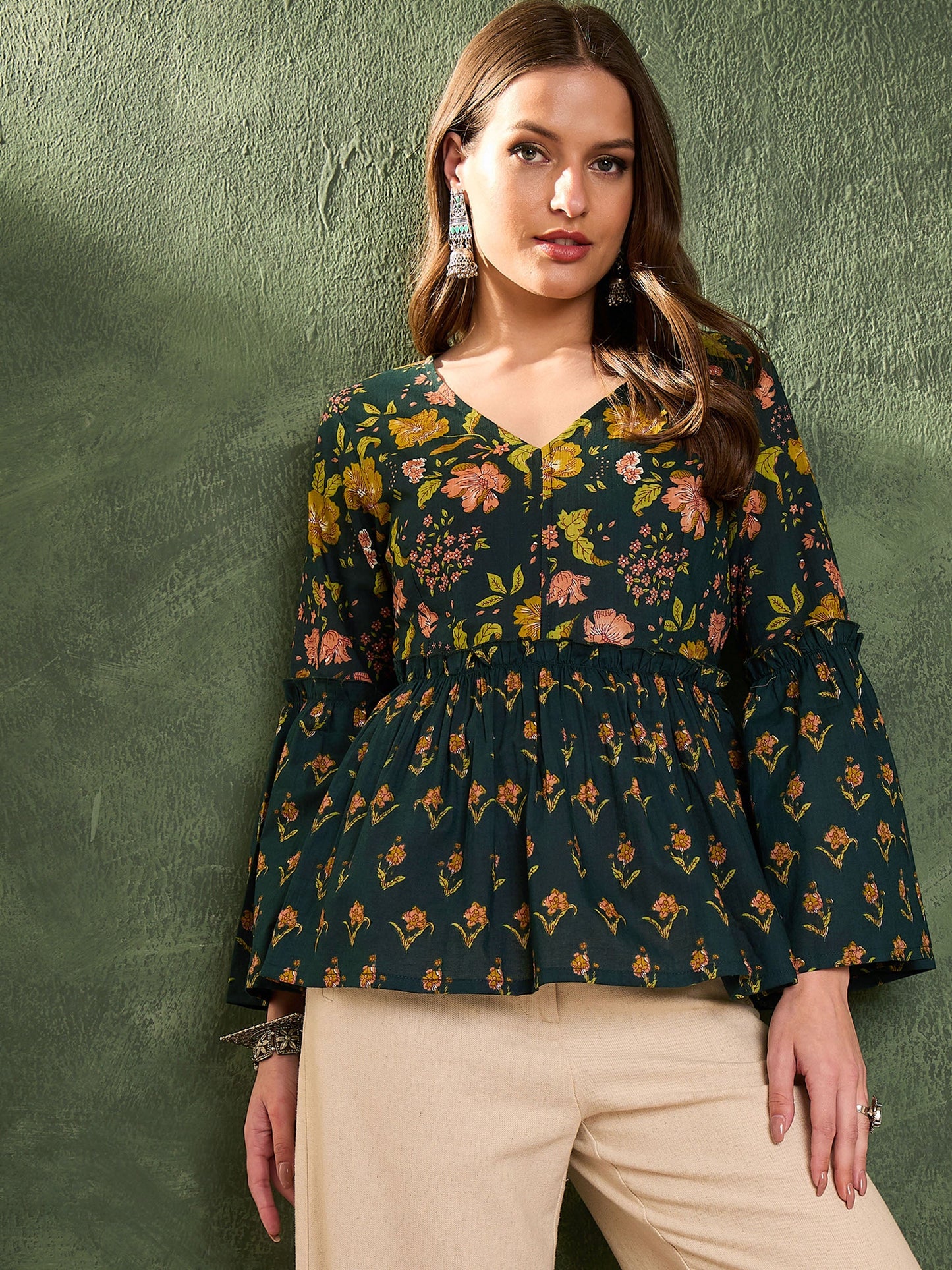 Dark Green Floral V Neck Frill Sleeve Peplum Kurti