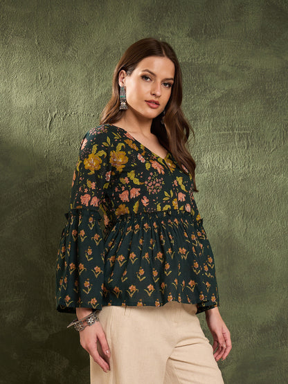 Dark Green Floral V Neck Frill Sleeve Peplum Kurti
