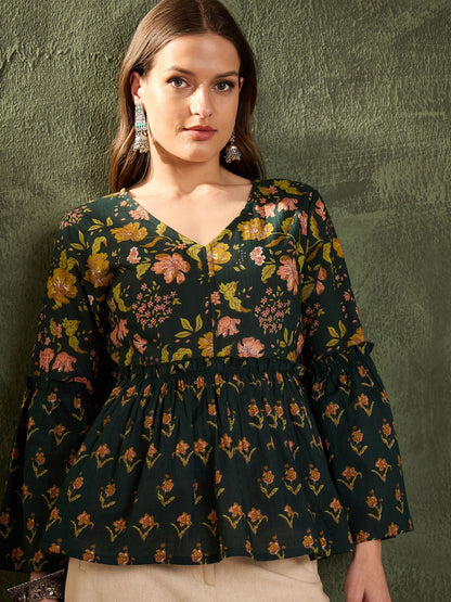 Dark Green Floral V Neck Frill Sleeve Peplum Kurti
