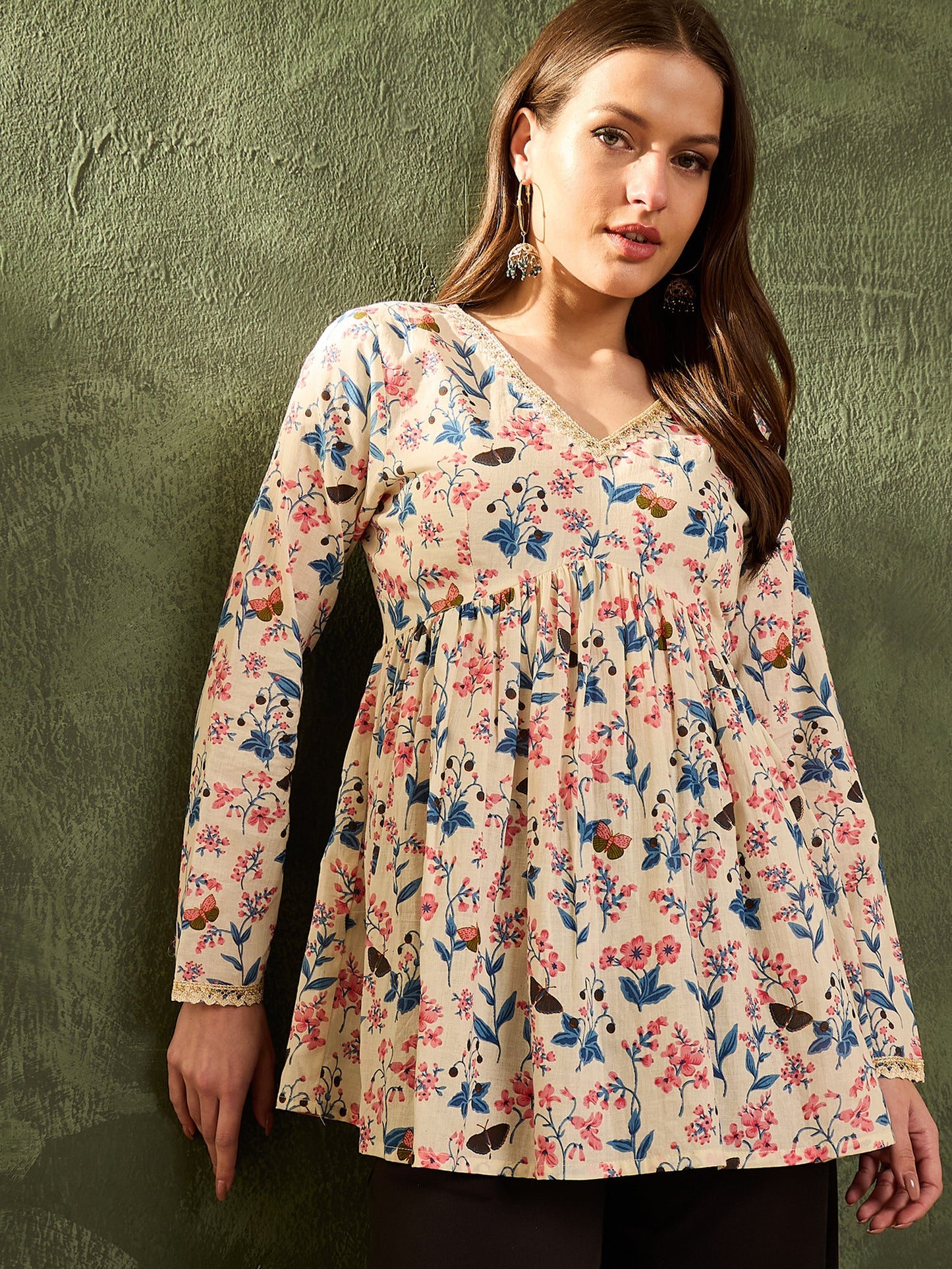 Off White Floral V Neck Full Sleeves Peplum Kurti