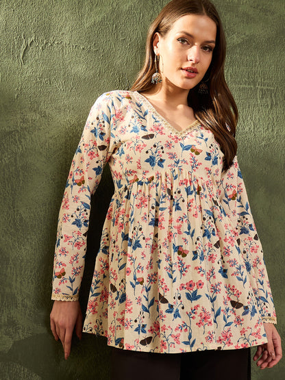 Off White Floral V Neck Full Sleeves Peplum Kurti