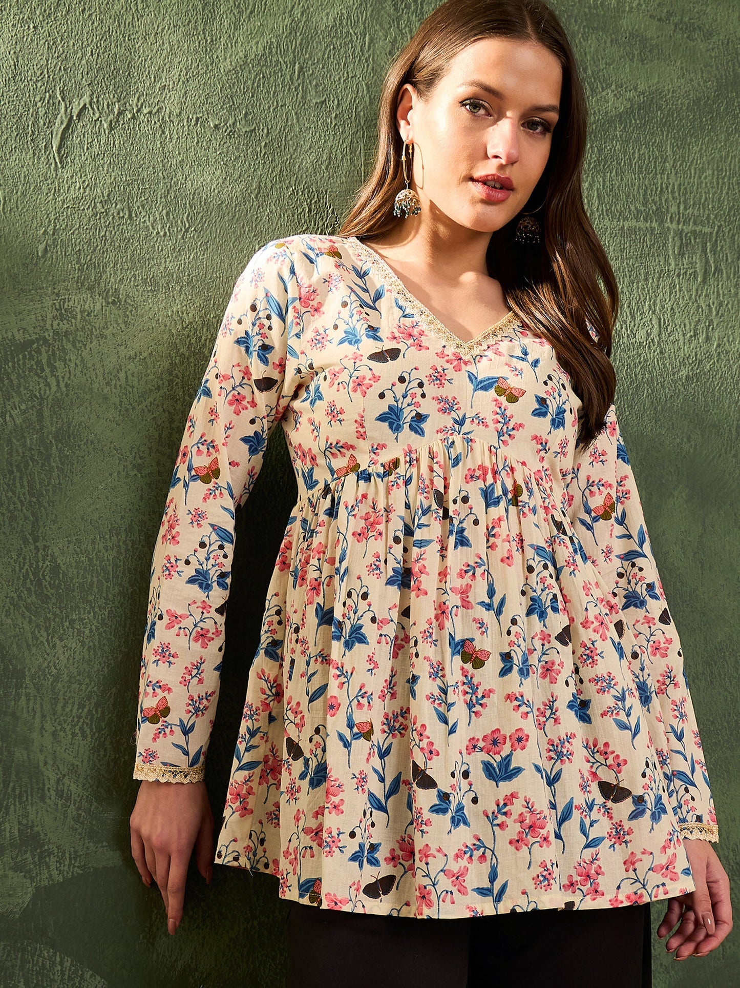 Off White Floral V Neck Full Sleeves Peplum Kurti