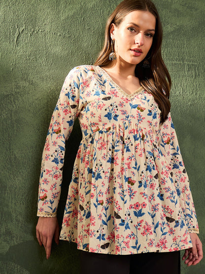 Off White Floral V Neck Full Sleeves Peplum Kurti
